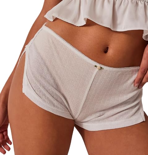 KMBANGI Y2k Sexy Micro Shorts for Women Low Waist Side Slit Mini Boyshorts Slim Pajamas Shorts Lounge Pjs Bottoms Sleepwear(Cute White,M)