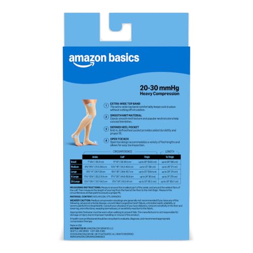 Image of Amazon Basic Medical Compression Stockings for Circulation, Varicose Veins, Edema, Swelling, 20-30 mmHg, Women & Men Thigh Length Hose, Open Toe, Beige, X-Large, 2-Pack (Previously Amazon Basic Care)