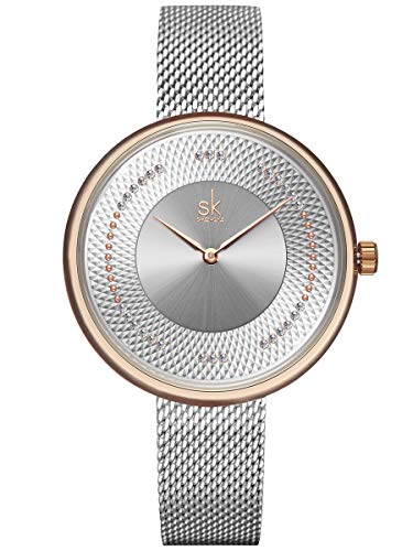 Damen-Armbanduhr Quarz Rose-Gold mit Metall Mesh Armband Edelstahl Silber Strass-Steinen elegant