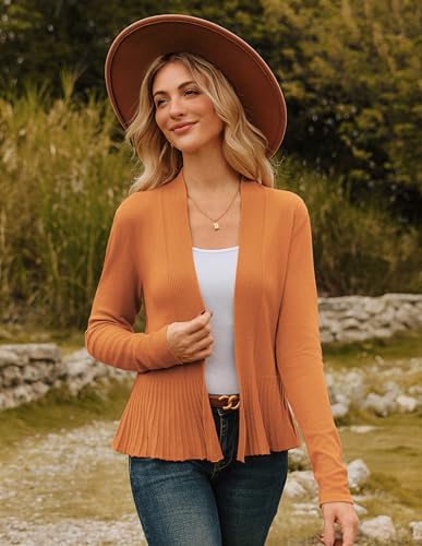 Image of GRACE KARIN Women's Lightweight Peplum Cardigan Sweaters Open Front Cropped Cardigan Long Sleeve Trendy Summer Knit Tops Light Brown M