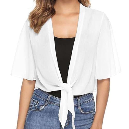 Image of Women's Chiffon Cropped Bolero Sheer Shrugs for Dress Short Sleeve Tie Front Cardigan