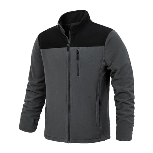 LZACTOIN-X Men's Lightweight Polar Fleece Jacket, Full Zip Warm Soft Winter Jackets for Men with Pockets for Outdoor Hiking and Casual Recreation Wear Light Gray & Black Large