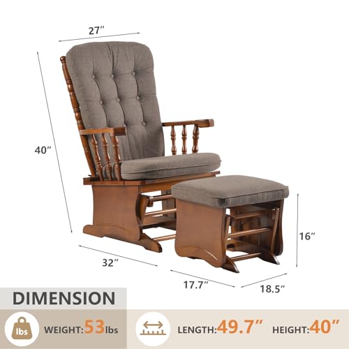 Image of Anti-Pinch Glider Chair with Ottoman, Nursery Rocking Chair for Baby & Mom, Solid Wood Glider Rocker with High Back Cushion, Nursing Chair for Living Room, Bedroom & Nursery, Antique Espresso