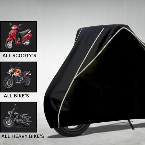 Image of Elite Water Resistant Bike Cover for TVS Apache RTR 160 4V Rain, UV & Dust Protection, Universal Fit, All-Weather Water Resistant Two-Wheeler Cover, Keeps Bike Cool (Black with White Piping)