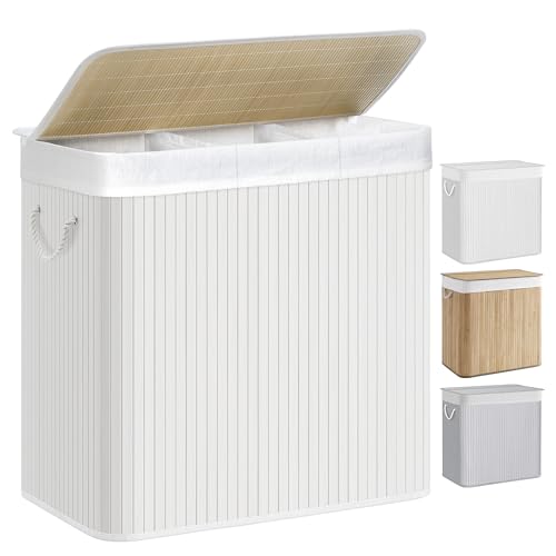 SONGMICS Cesto Portabiancheria, 150 L, Cesta Biancheria a 3 Scomparti in Bambù, Coperchio, Maniglie, Pieghevole, Sacco Rimovibile e Lavabile in Lavatrice, Lavanderia, Casa, Bagno, Bianco LCB091W01