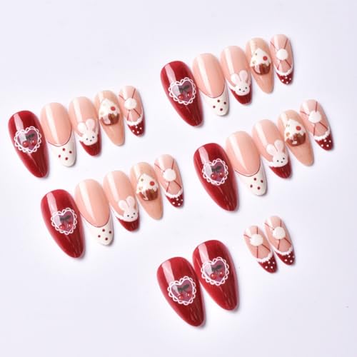 Image of Red Press on Nails Rabbit Fake Nails Cake False Nail with Design Cherry Glue on Nails Reusable Artificial Acrylic Glossy Full Cover French Tip Sick on Nail for Women Manicure 24Pcs