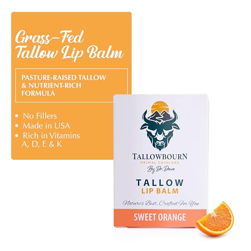 Tallowbourn Moisturizing Tallow Lip Balm – Grass-Fed Beef Tallow with Organic Coconut Oil, Beeswax, and Vitamin E – Sweet Orange – Lip Balm Set – Travel Essential – 3-Pack