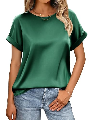 HOTOUCH Women's Short Sleeve Pullover Blouses Satin Silk Shirts Casual Loose Work Tunic Tops2