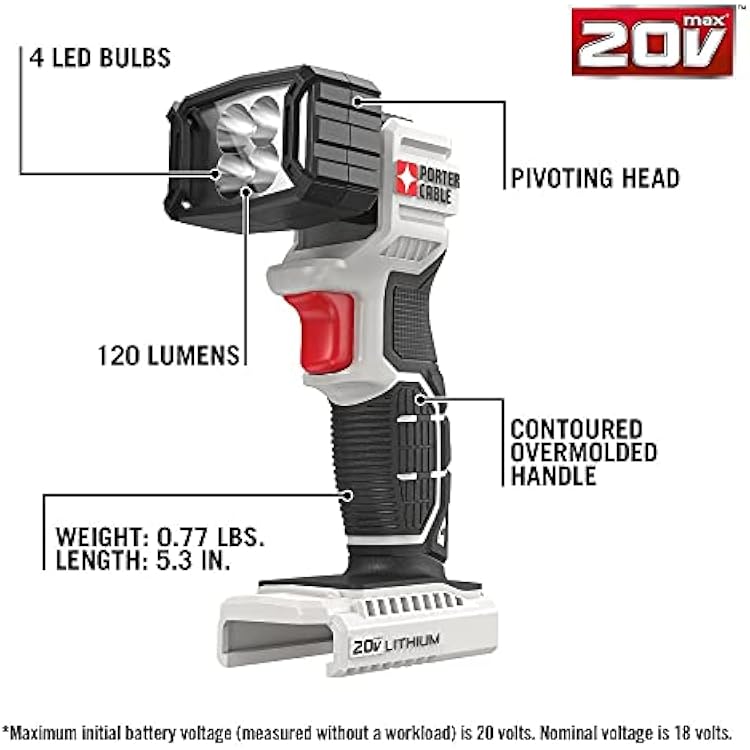 PORTER-CABLE 20V MAX LED Work Light, Black, 7.34 Inch.