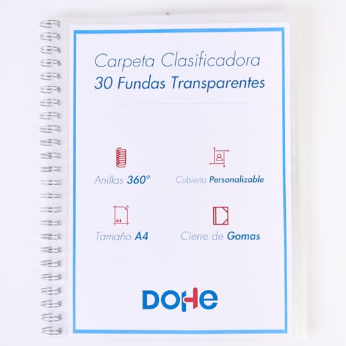 Dohe - Classeur avec anneaux 30 pochettes - A4 (24,5 x 31,5 cm), couverture personnalisable avec poche, fermeture à élastiques - Fournitures de bureau et...