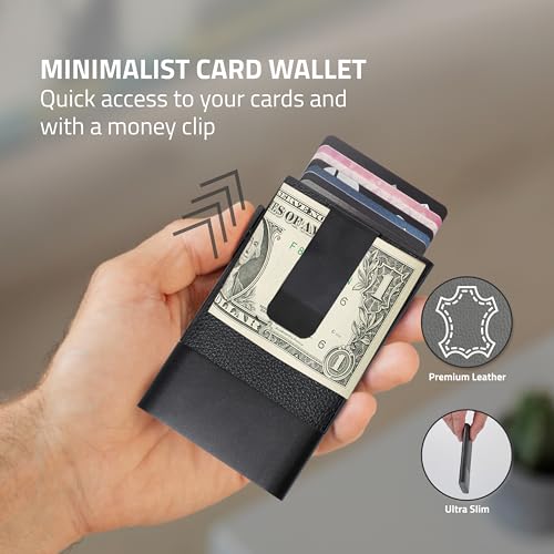 Fidelo Minimalist Men's Wallet with Money Clip - Leather & Aluminum Construction Clip Wallet - Durable Best Front Pocket Wallets For Men, Trigger Spring Cards Money Holder - Black2