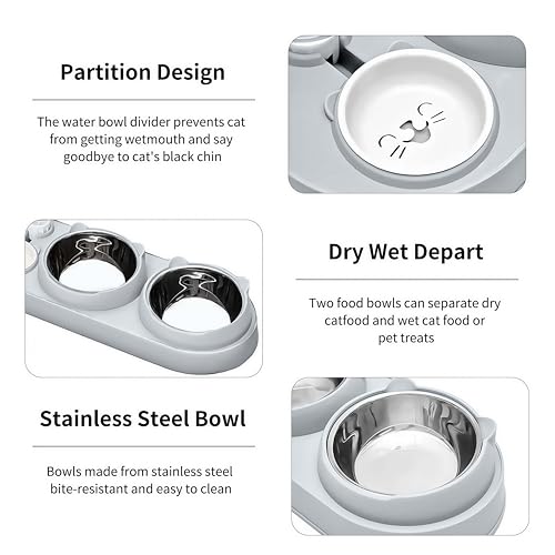 Marchul 3-in-1 Katzennapf, Futter und Wassernapf Set mit Wasserspender, Edelstahlnäpfe, 15° geneigtes Haustier Erhöhung für Indoor-Katzen, kleine oder mittelgroße Hunde, Grau Blau