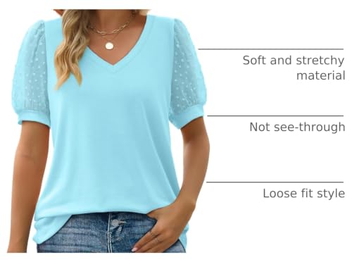 Image of Aokosor Womens Summer Tops V Neck T Shirts Swiss Dot Puff Sleeve Tops Loose Casual Tshirts