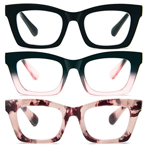 REAVEE 3 Pack Oprah Style Reading Glasses Blue Light Blocking Computer Square Retro Readers for Women with Spring Hinge 2.5