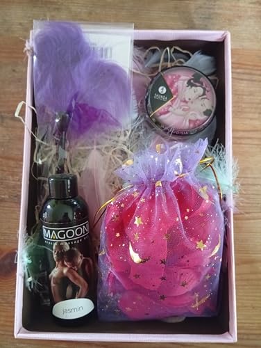 Coffret Bougie de Massage Shunga, Huile de Massage, Plume de Caresse et Pétales de Roses (Rose)