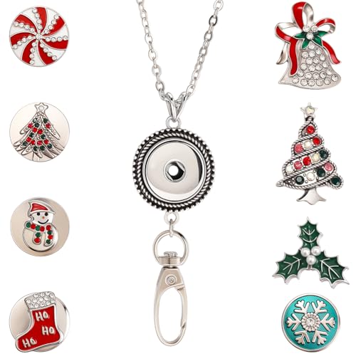 SUNNYCLUE 1 Box 8 Styles Christmas Snap Buttons Badge Holder Breakaway Snowflake Tree Snowman Replaceable Button Fashion Necklace ID Lanyard Making Kit for DIY Holiday Crafts Name Tag Badges Women