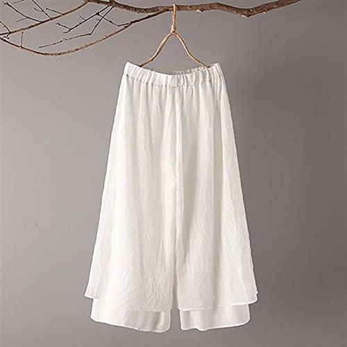 YOLAI Double Layer Wide Leg Pants Loose Elastic Waist Trouser Solid Color Vintage Casual Trouser for Women (White, One Size)3
