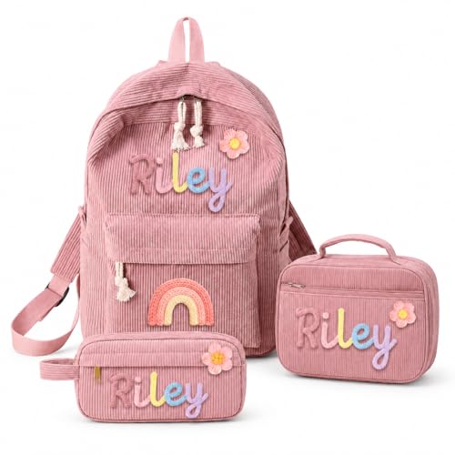 Duckbe Personalized Backpack with Optional Lunch Bag & Pencil Case Custom Corduroy School Bag with Cotton Rope Embroidery Name Toddler Backpack for Girls Boys Kids Back to School Birthday Gifts