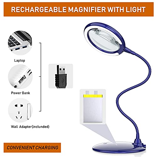 Rechargeable 5x Magnifying Dimmable Lamp,Hands Free Magnifying Glass with Light and Stand,Magnifiers with 28 LED Lights for Senior, Low Vision, Hobbies, Crafts