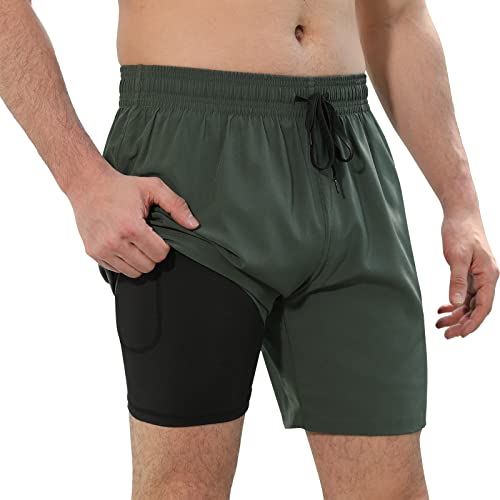 Meriabny Mens Swim Trunks With Boxer Brief Liner Mens Chubby Swimsuit Army Green Big And Tall Board Surf Shorts For Beach #TOP1