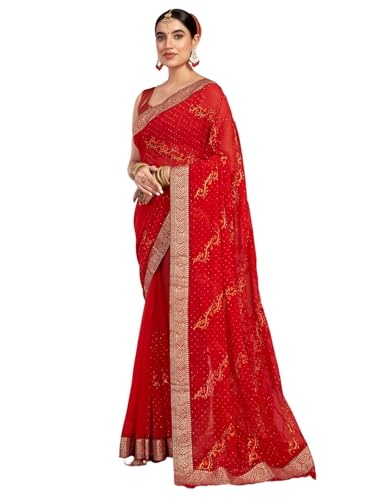 Image of Satrani Women's Georgette Embroidery & Stone Work Saree with Unstitched Blouse Piece