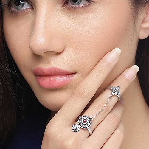 Image of Voylla Brass Silver Oxidised Adjustable Two Finger Ring with Red Stone for Women and Girls