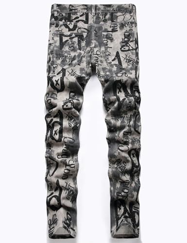 Men Graffiti Print Slim Straight Jeans2