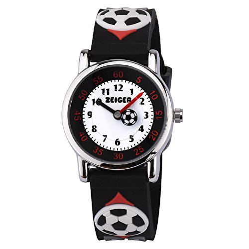 KZKR Kinder Uhr Anaglo Quarzwerk mit Silikon fur Lern 3D Schwarz Fußball KW092