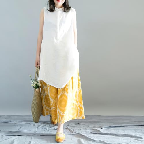 chouyatou Women's Loose Floral Printed Cotton Crop Pants Elastic Waist Wide Leg Palazzo Trousers3