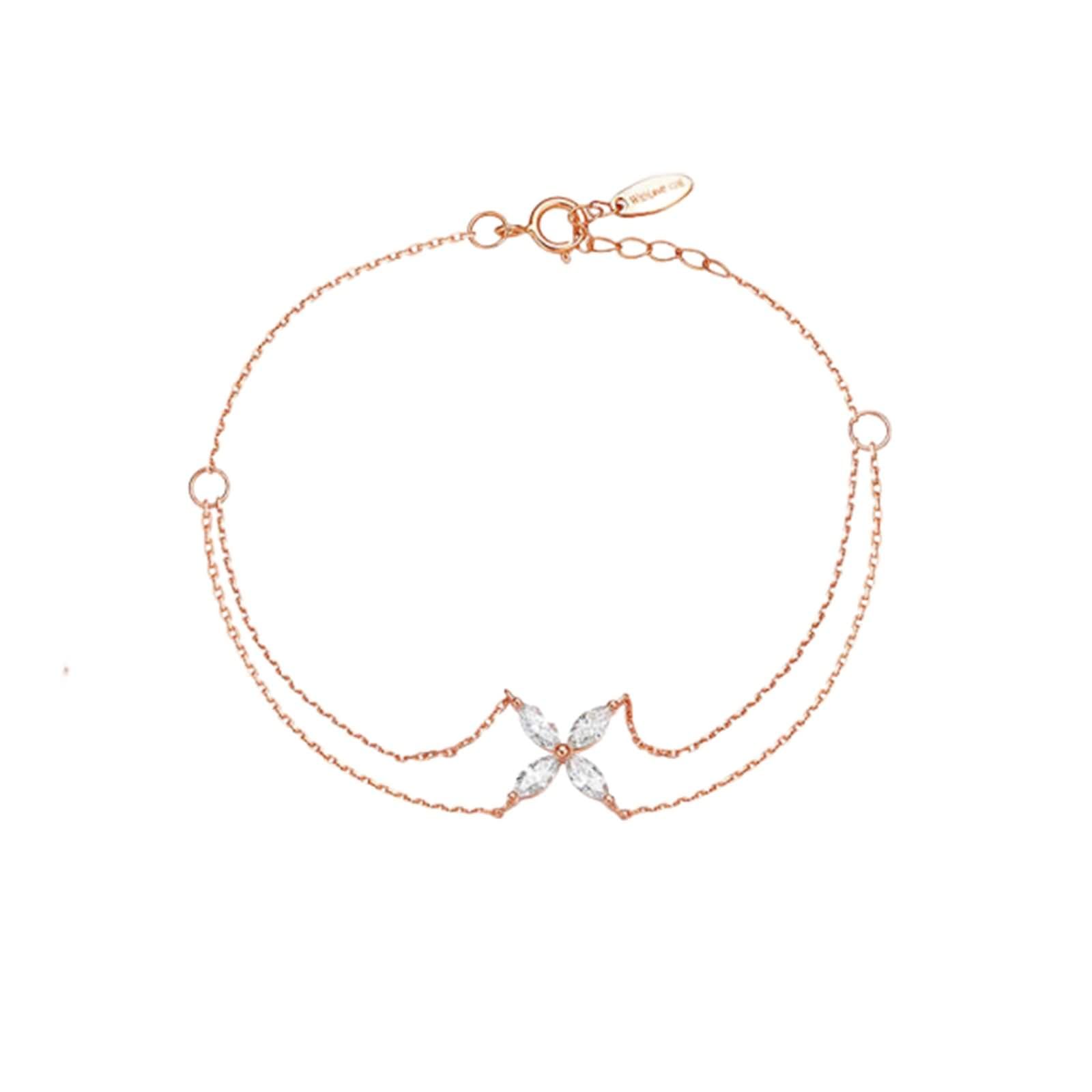Pulseras Oro Rosa 9K / 14K / 18K Mujer, Cadena Doble Capa con Diamante, Cadena Extensible 16 CM + 5 CM, Pulseras Ajustable Mujer de Oro Rosa