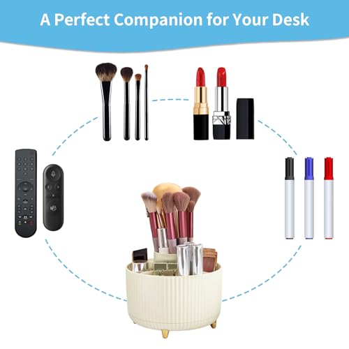 Image of Marbrasse Desk Organizer, 360-Degree Rotating Pen Holder, 5-Compartment Pencil Organizer, Art Supply Storage Box Caddy for Office and Home (Ivory)