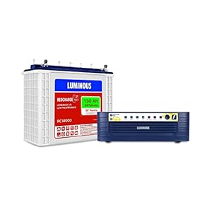 Luminous Inverter for Home, Office & Shop with Luminous Battery, Hercules 1600 Square Wave 1500VA 12 Volt Inverter with Red Charge RC 18000 Tall Tubular 150 Ah Battery Combo, 2 years warranty on inverter, 3 years warranty on battery (1.5 years Flat + 1.5-years Pro-rata) Perfect for 4-5 BHK Home.