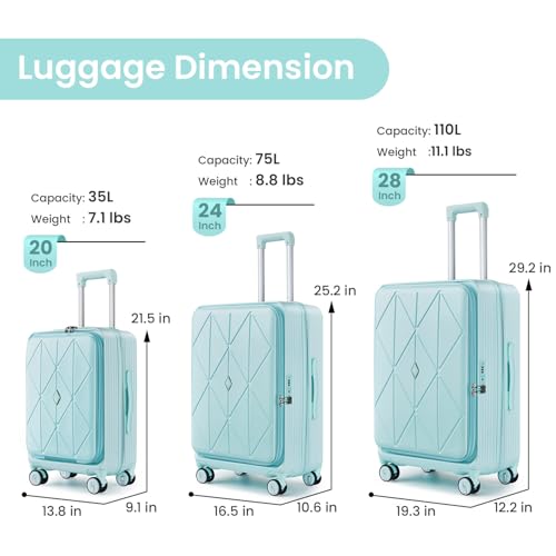 Premium 3-Piece Luggage Set (20/24/28") with TSA Lock | Expandable Carry-On Hardshell Suitcase | 100% PC Material, Spinner Wheels, Front Pocket & Lightweight Design (Mint Green)2