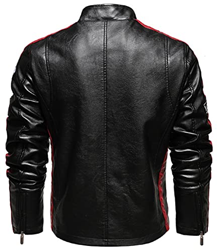 Men's Stand Collar Thermal Fleece Lined Patchwork Motorcycle Jacket Bomber Jacket Racer Faux Leather Jacket2
