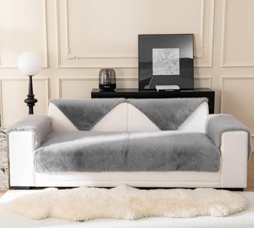 Genérico Piel sintética de Conejo de Lujo Funda Sofa 3 Plazas, Protector Antideslizante de Felpa Cubre Sofas Funda Suave para Muebles de sofá de 3 plazas y seccional Gris 90x90cm /1 Pieza