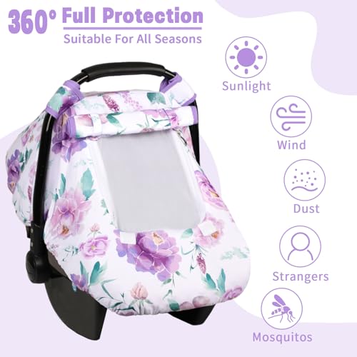 Image of Car Seat Cover Baby, HNHUAMING Infant Car Seat Covers Canopy for Baby Girl Boy, Cozy & Windproof Newborn Carseat Covers Minky Dot Backing Stroller Cover with Breathable Mesh Window, Purple Flower