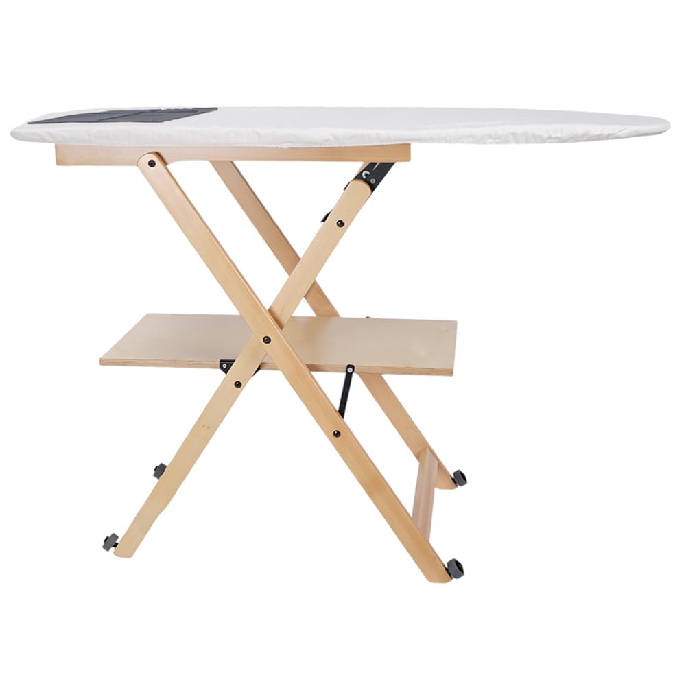 Asse da stiro in legno di faggio richiudibile con ruote e ripiano porta biancheria – modello Revi Made in italy (Naturale)
