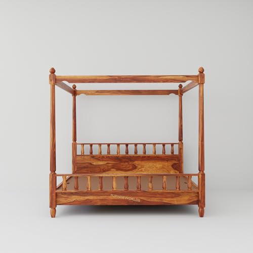 Image of Solid Wood Sheesham Bed King Size Poster Bed Wooden Double Bed Cot Bed Furniture for Bedroom Home and Hotel (Honey Finish, King) 1 Year Warrenty