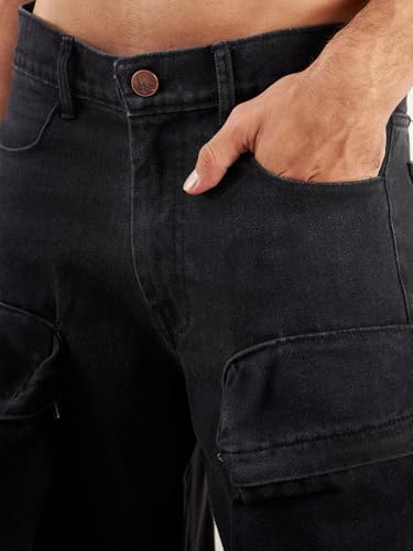 Image of FUGAZEE Black Super Baggy Cargo Denim Jeans for Men | 100% Cotton Non-Stretch Fabric | Oversized Fit | Cargo Pockets | Button & Zip Closure | Streetwear Utility Pants