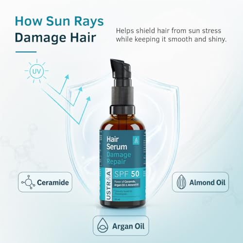 Image of Ustraa Damage Repair Hair Serum SPF 50 for Men - 30 ml | Protects Hair from Sun Damage & Frizz | With Ceramide, Argan Oil & Almond Oil | Smooth, Shiny & Healthy Looking Hair