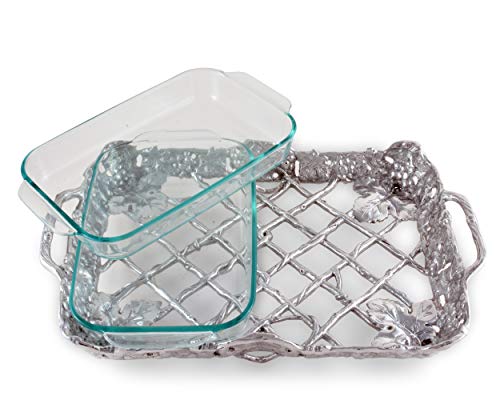 Arthur Court Metal Pyrex Glass Casserole Dish Holder Classic Grape Pattern Sand Casted In Aluminum With Artisan Quality Hand Polished Design Tarnish-Free 14 Inch Long 2 Quart Removable Dish Included #TOP1