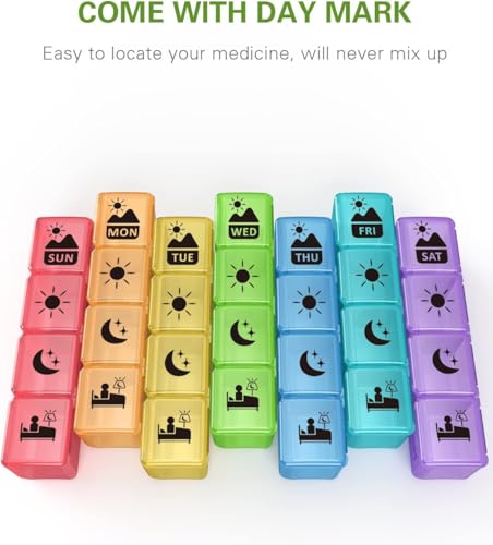 Image of Fullicon Large Weekly Pill Organizer 4 Times a Day, 7 Day, Black Rainbow | Each Compartment Holds up to 9 Fish Oils, 10 Vitamins, or 16 Capsules, Secure Double Latch, Clear Day Labels