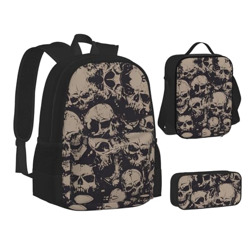 nanger Cool Retro Skull Graphics Print 3-Piece Set Backpack, Lunch Bag And Pencil Case, For Travel, College, And Daily Use2
