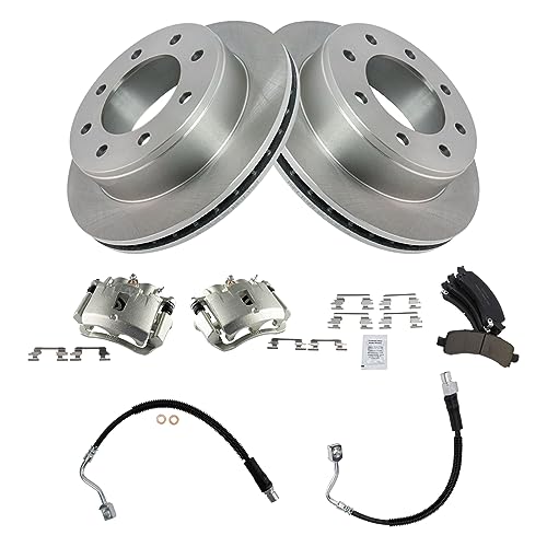 Image of TRQ Brake Pad, Caliper, Hose, & Rotor Kit Ceramic Compatible with 2003-2010 Chevrolet Express 2500 2011-2012 Express 3500 GMC Savana 2500 2007-2012 Savana 3500