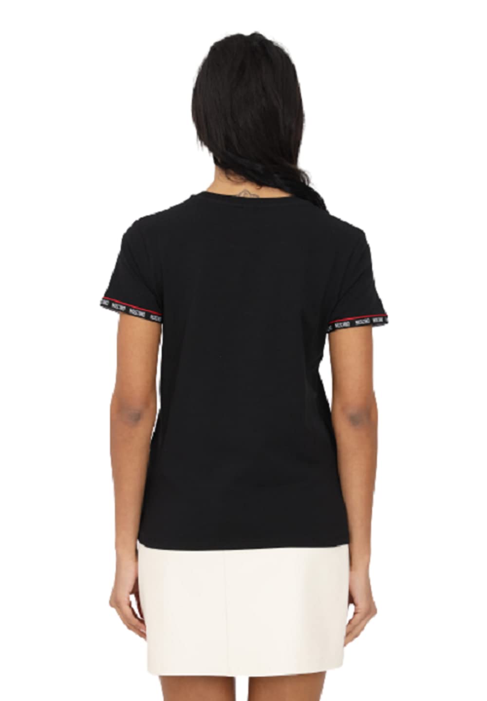Moschino Damen-T-Shirt Schwarz mit elastischem Band Logo Saum Ärmel