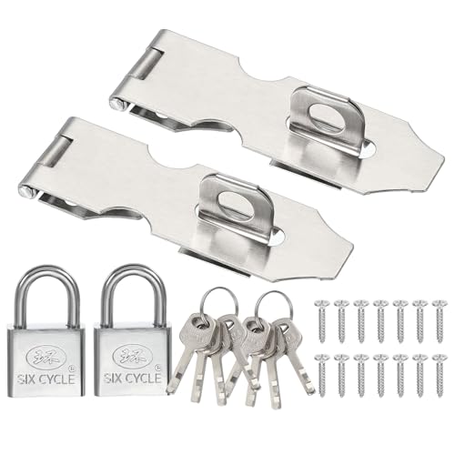Image of PATIKIL Door Lock Hasp Latch 3 Inch,2 Set Stainless Steel Safety Hasp Lock Clasp Hinge Packlock(30mm) with Screws /Key for Door Gate Cabinet Closets, Silver