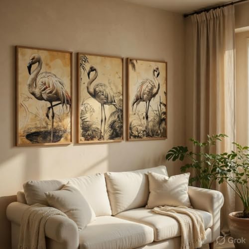 Image of Artify Flamingo Bird Wall Painting Set of 3 with Wooden Frames | Vintage Wildlife Bird Artwork HD Sparkle Laminated MDF Wall Decor | Elegant Flamingo Wall Art for Living Room Bedroom