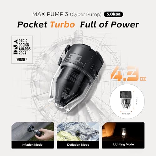 FLEXTAILGEAR Max Pump 3 Air Pump for Inflatables, 5Kpa Portable Air Pump, 500L/min Air Mattress Pump with Camping Light, Electric Pump for Inflatable Pillows Swim Rings Air Mattresses Air Bed Boats