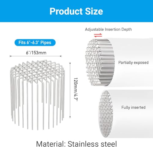 Image of Stainless Steel Drain Pipe Cover, Adjustable Outdoor Drain Protector for 6 inch & 6.3 inch Pipes, Anti-Bird Guard, Rust-Proof Mesh Drain Strainer for Leaves, Gutter Protector (6-6.3 inch)