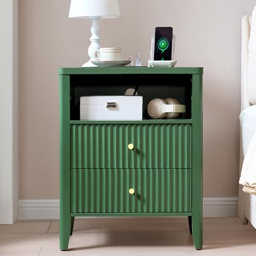 Image of Fluted Nightstand with Charging Station Set of 2, 21 inch Wide Modern Bedside Table with 2 Drawers & Open Shelf, Wood End Table with Storage & Metal Handle for Bedroom, Small Spaces, Green